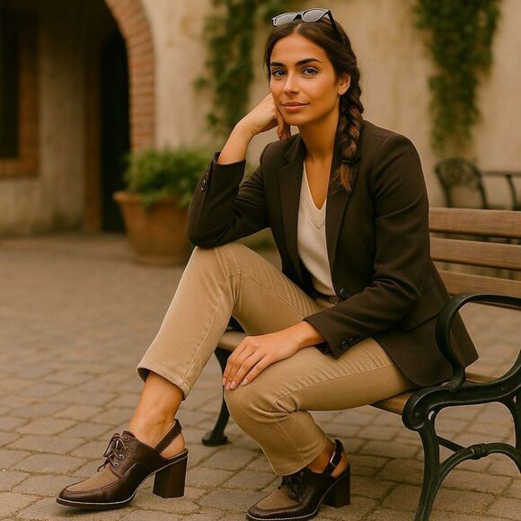 Antonio Melani Shoes 9M Brown Leather Felt Block Heel Slingback Lace Up Retro - Picture 1 of 9